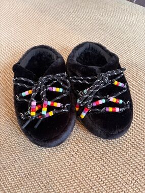 Moon Boot Black Faux-Fur Mules with Multicolor Bead Laces